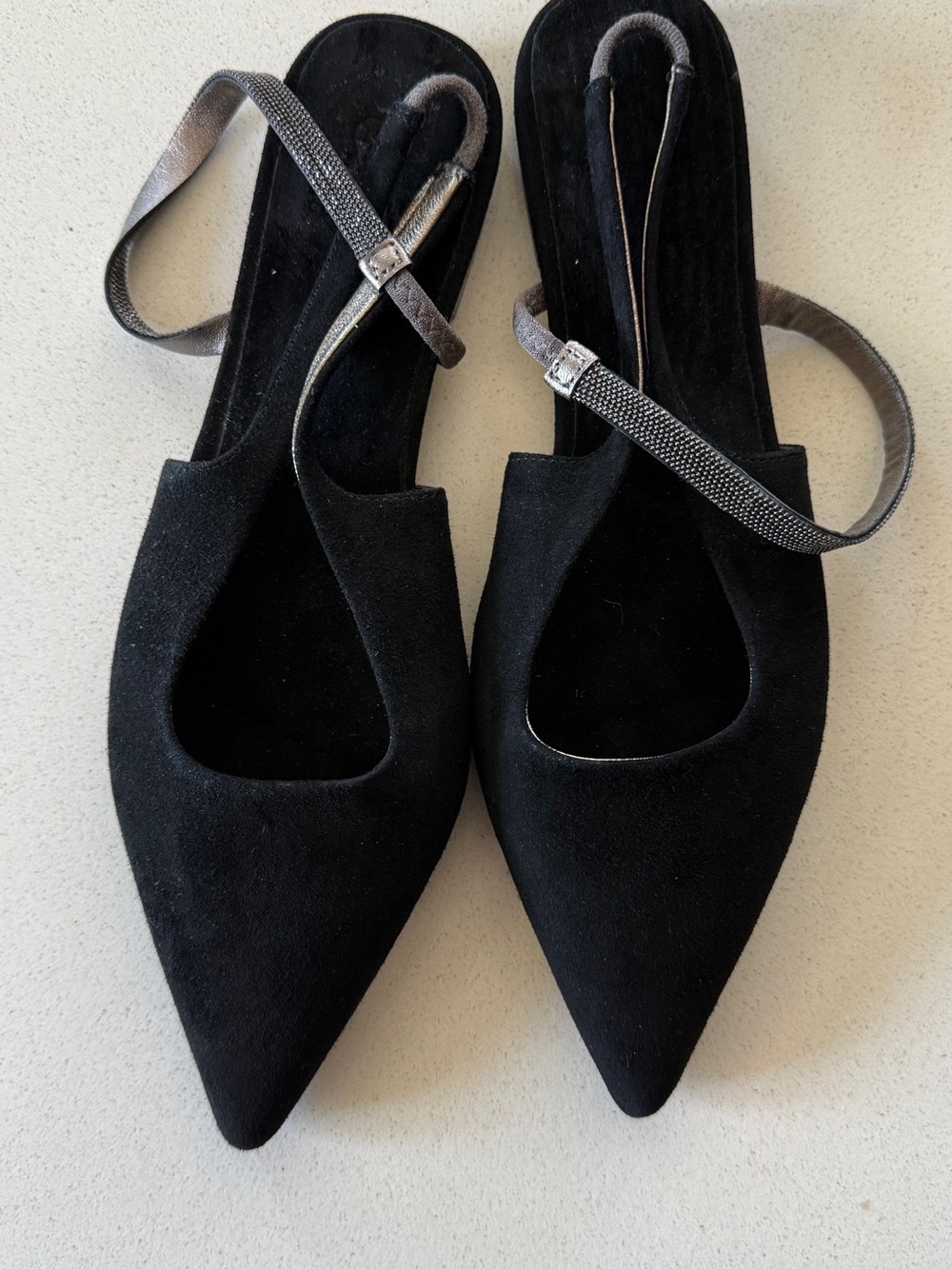 Brunello Cucinelli Black Pointed Toe Suede Slingback Flats